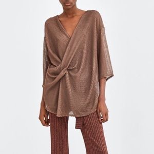NWT Zara brown pleated mesh top